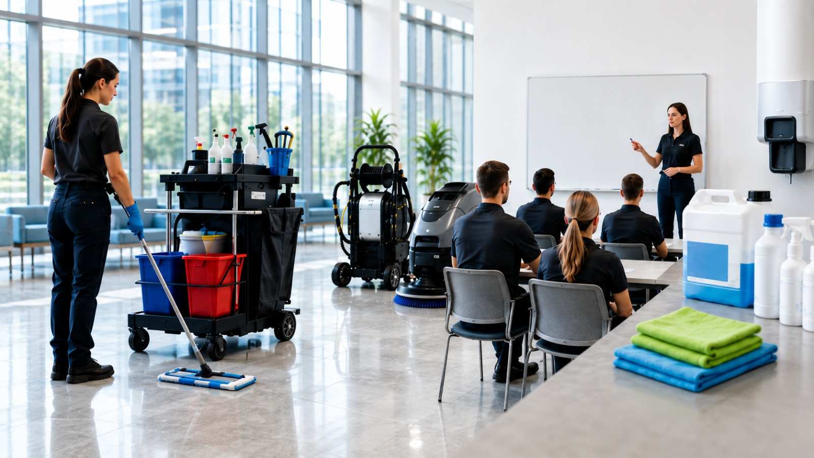 Praxisnahe Schulung mit Reinigungstechnik und Teilnehmenden