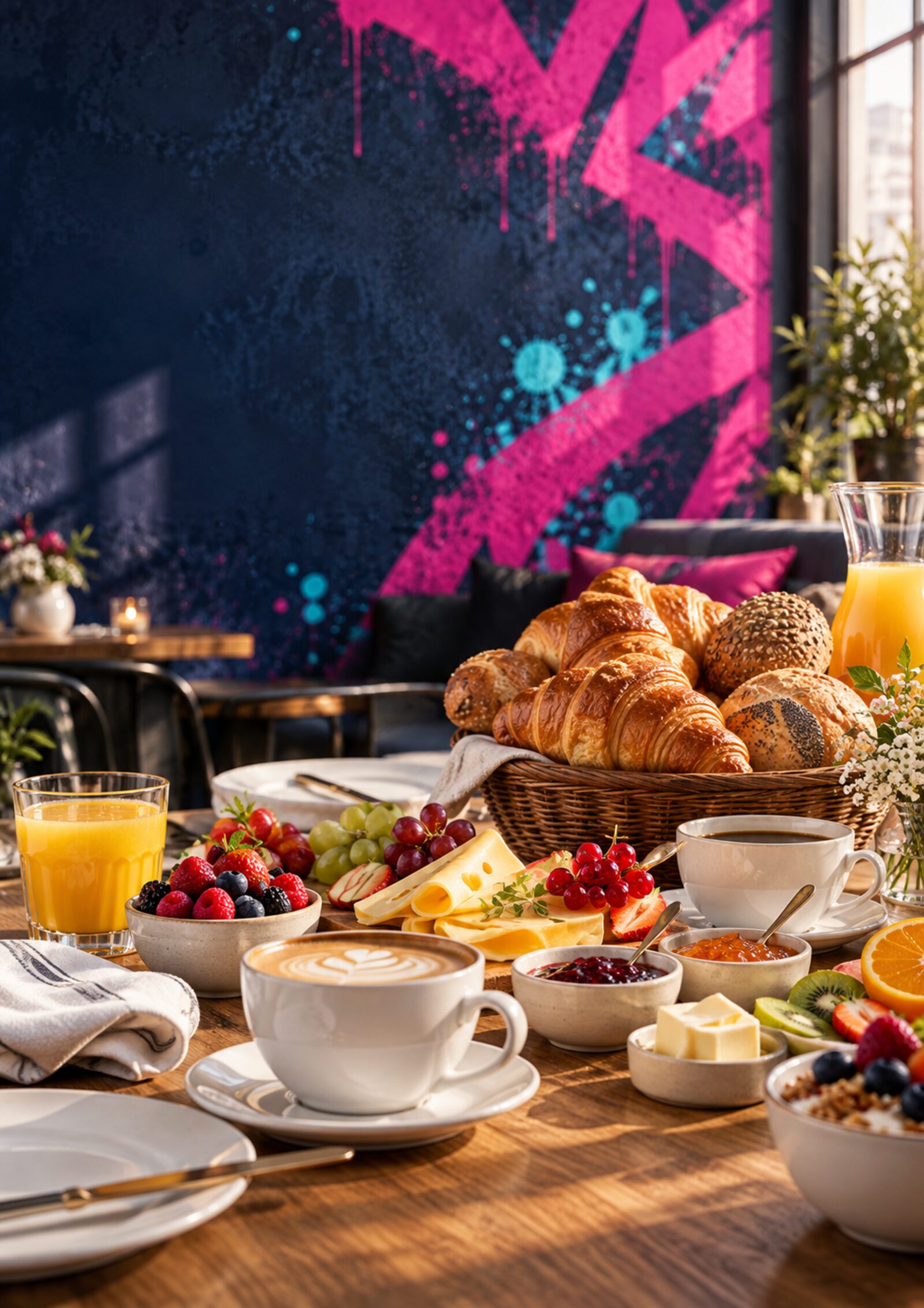 Frühstückstisch vor einer Graffiti-Wand – Graffiti Frühstück in Erfurt