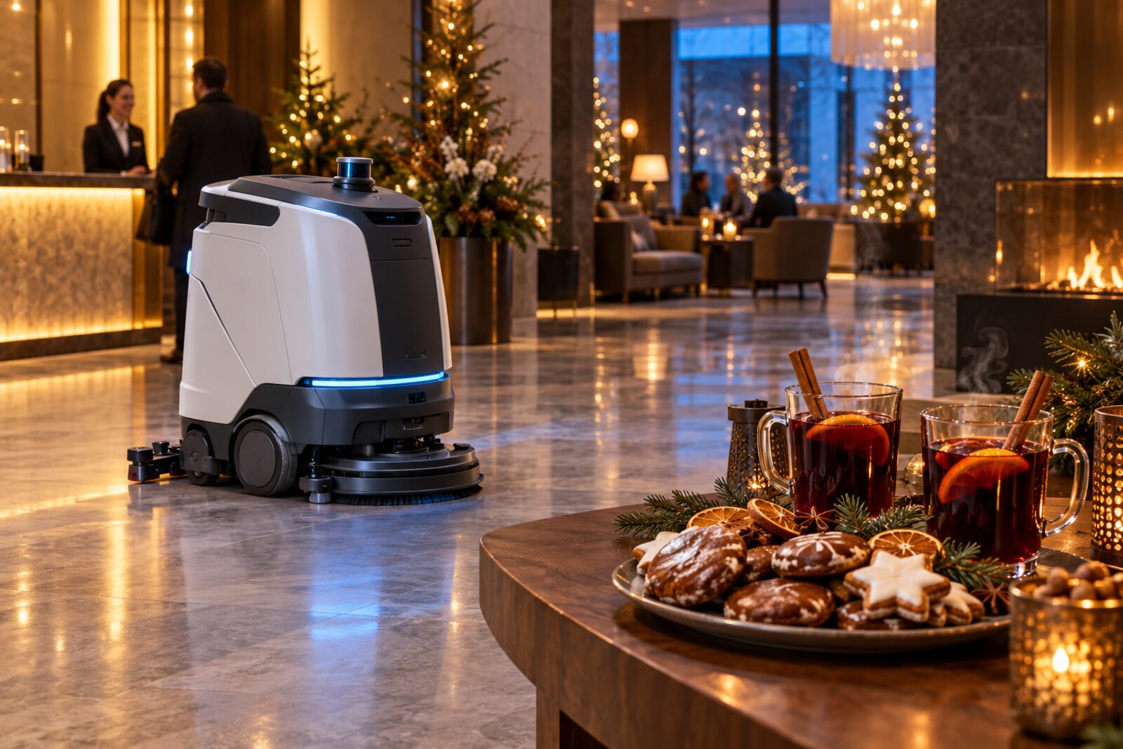 Reinigungsroboter in einer weihnachtlich geschmückten Hotellobby mit Punsch und Lebkuchen